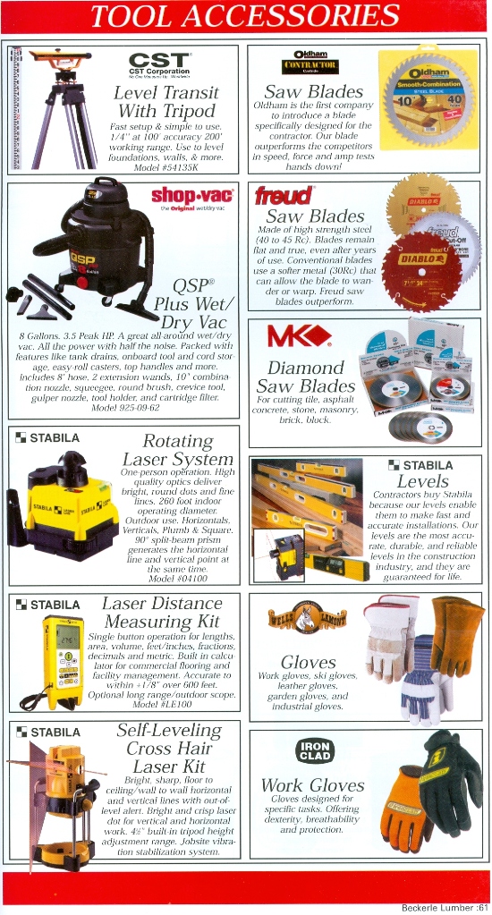 Beckerle Lumber Source Book - Tool Accessories 
                & STABILA LASERS