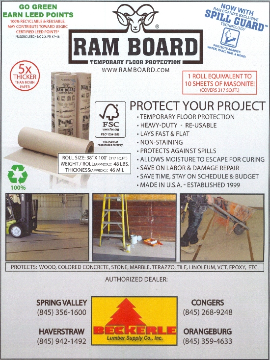 RAMBOARD stocked at BECKERLE LUMBER.
            Heavy Duty & re-usable.


           click for info on RAM BOARD