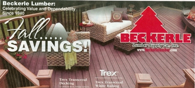 Our Annual Beckerle Lumber Fall  Catalog is OUT.
            Lots of savings on:
            - Trex Transcend Decking Sale
            - Driveway Sealer $14.47 Sale
            - Driveway Sealer & Filler $19.97 Sale
            - Crack Filler $8.97
            - Cabots Deck & Sidingf Stain $37.17 Sale
            - Steel Leaf Rake $5.97 Sale
            - Electric Pressure Washer $97.00 Sale
            - Benjamin Moore Paint Sale
            - Purdy Rollers & Brushes Sale
            - Kitchen Sale
            - Bathroom Sale
            - Door Sale
            - Decking Sale
            - Roofing Sale
            - Ladders
            - AND LOTS MORE on SALE!