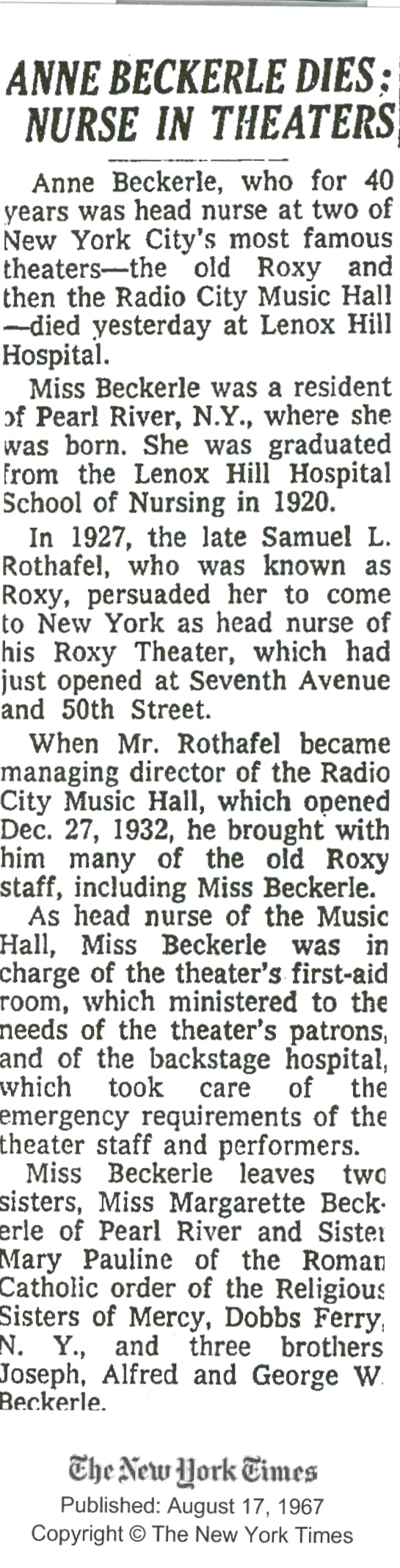 Anne Beckerle - nurse - radio city - new york new york - (1897-1967)
