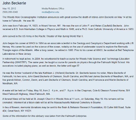 John Beckerle, Massachusettes Physicist dead:  15 May 2012
