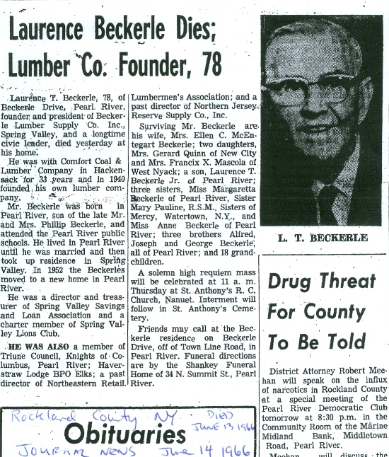 Laurence Thomas Beckerle the first, first man of beckerle lumber is dead: 13 Jun 1966