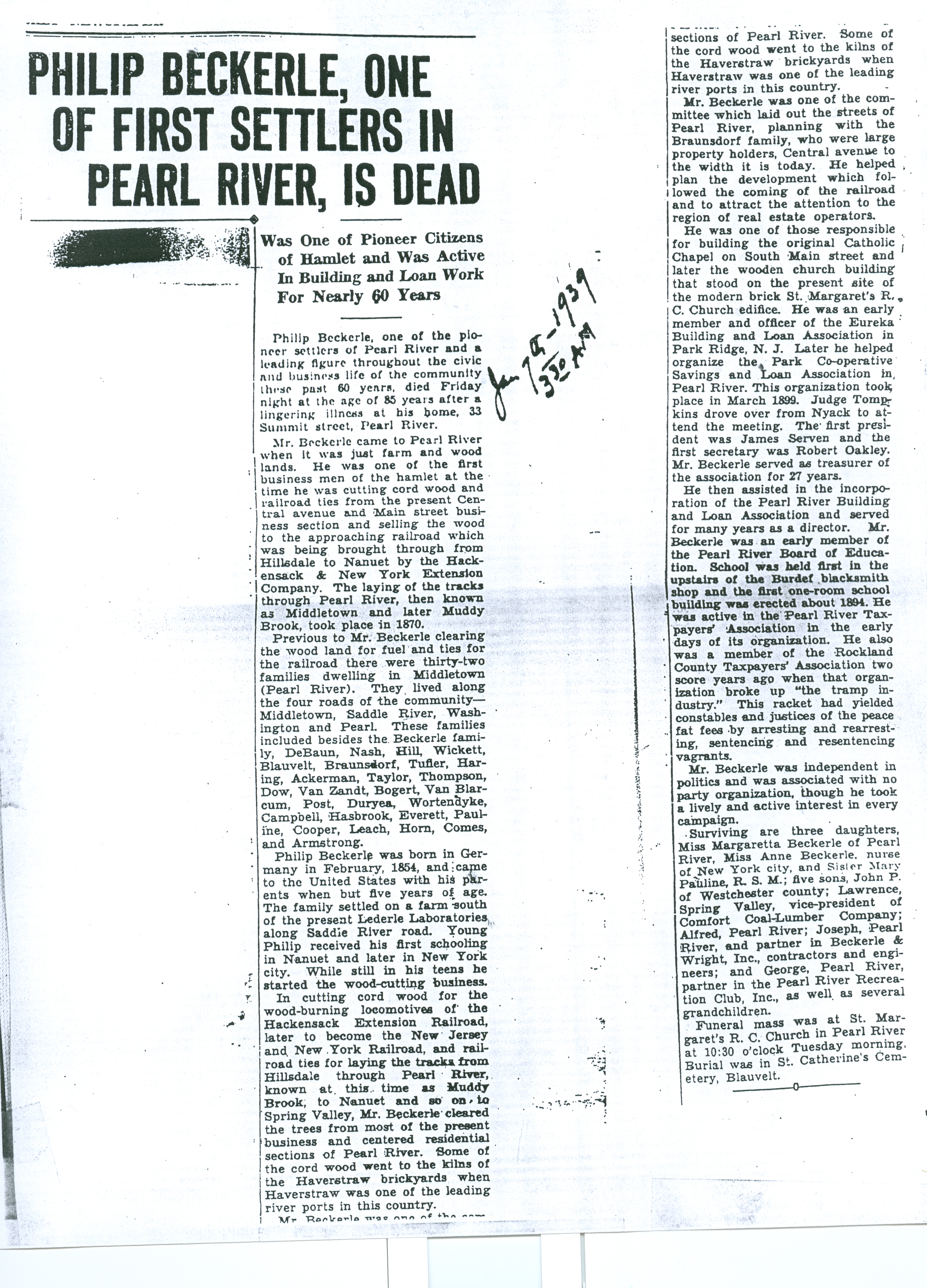 Philip Beckerle one of first settlers in Pearl River is dead: 7 Jan 1939 @3:30am