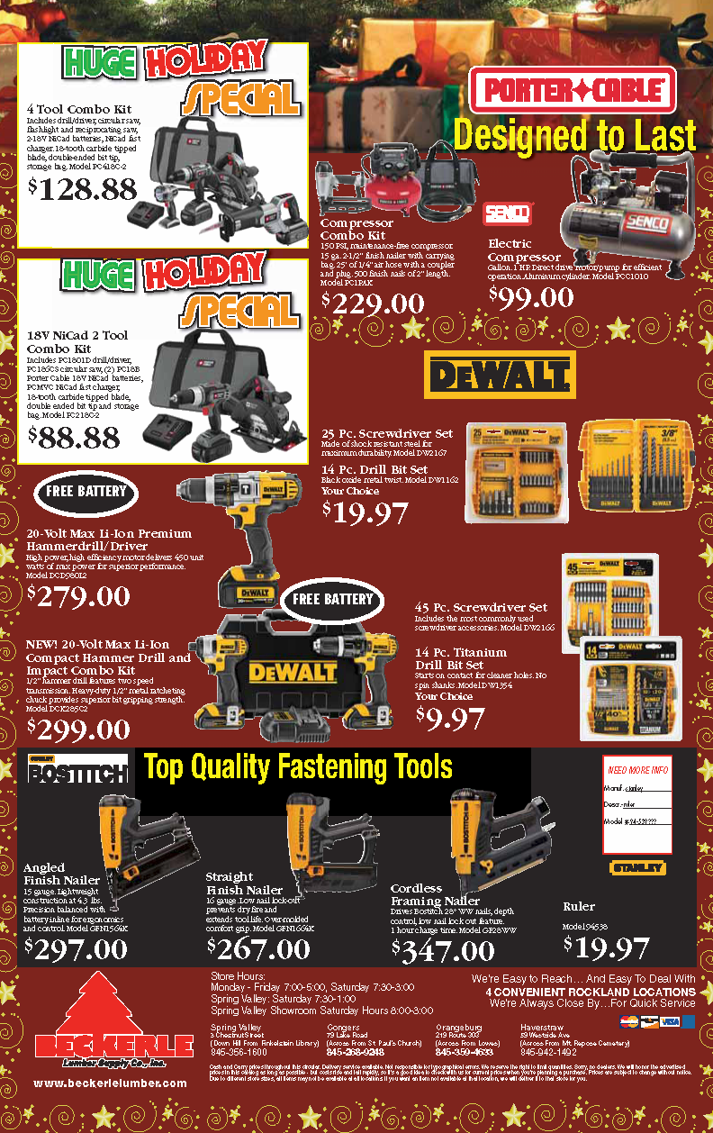 Beckerle lumber - Lumber one with Power tools 
                                       Holiday Tool Spectacular
                                                     BOSTITCH TOOL Information