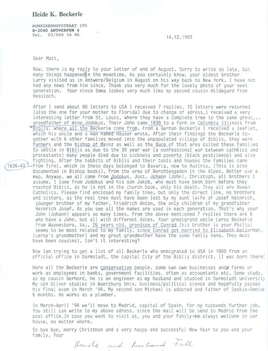Heide K. Beckerle Letter regarding Beckerle Family Tree from 1993
